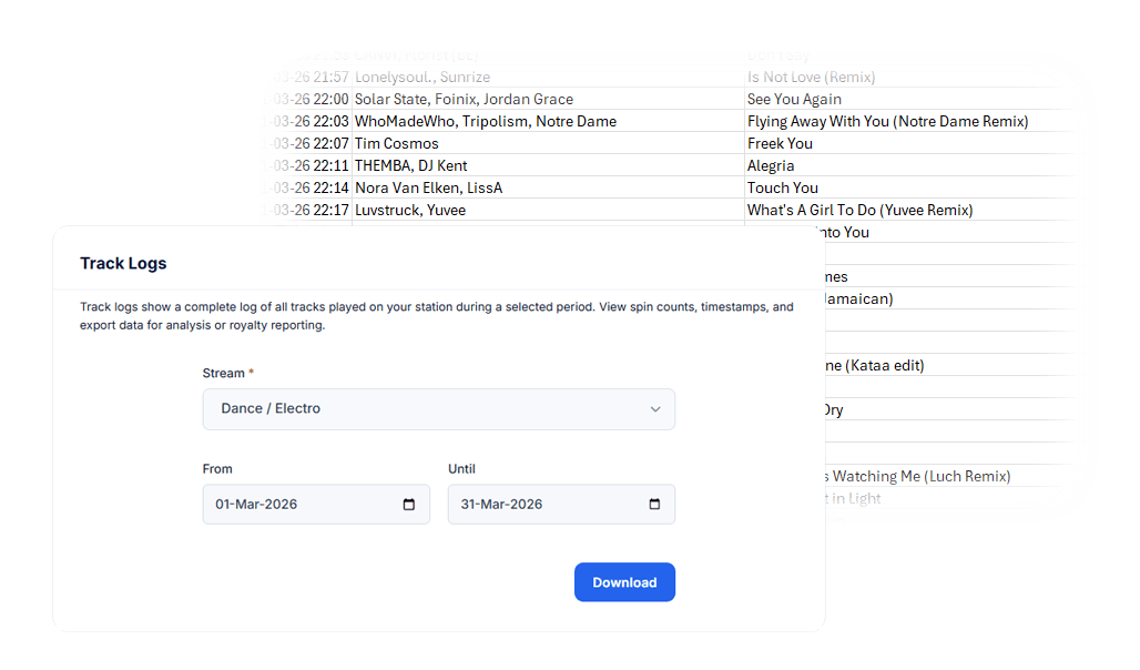Track Logs & Royalty Compliance Screenshot