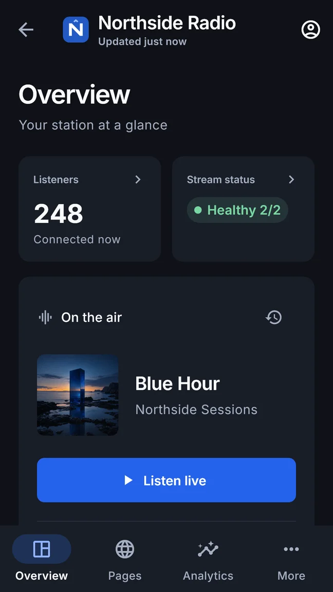 WRP Companion station overview with current listeners, stream health and now-playing information