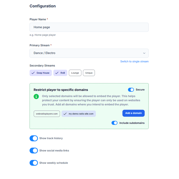 Stream and feature settings in the Web Radio Players dashboard