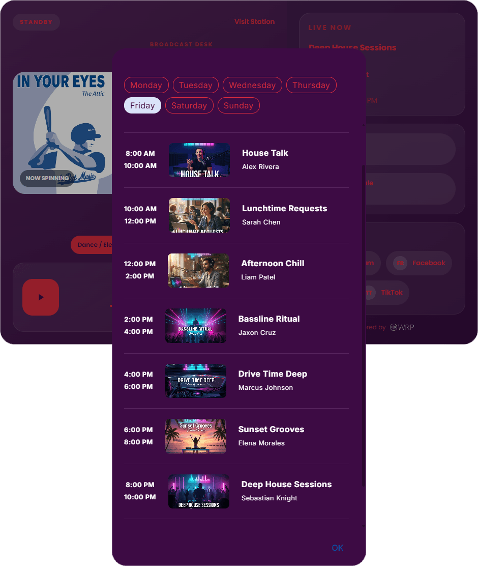 Weekly programme schedule displayed inside a radio player