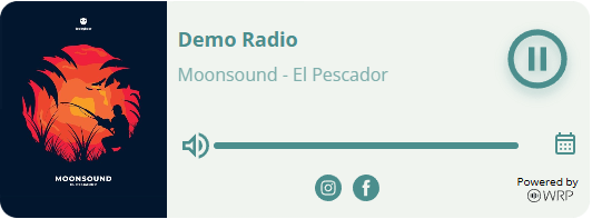 A horizontal radio player with artwork, playback controls, and social links